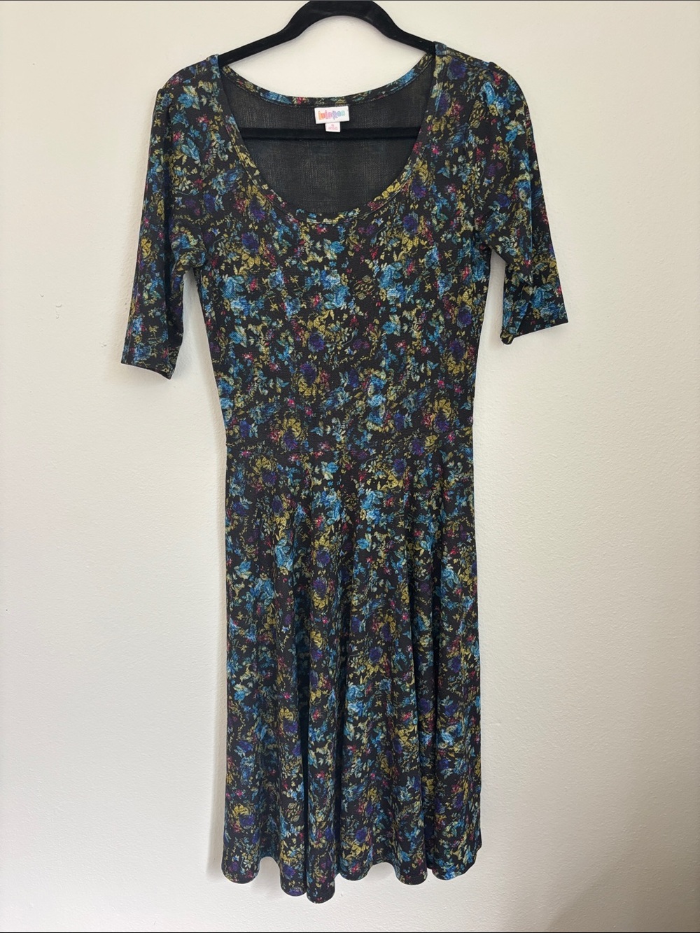 LuLaRoe Black Floral Scoop Midi Dress with Blue, Green & Purple